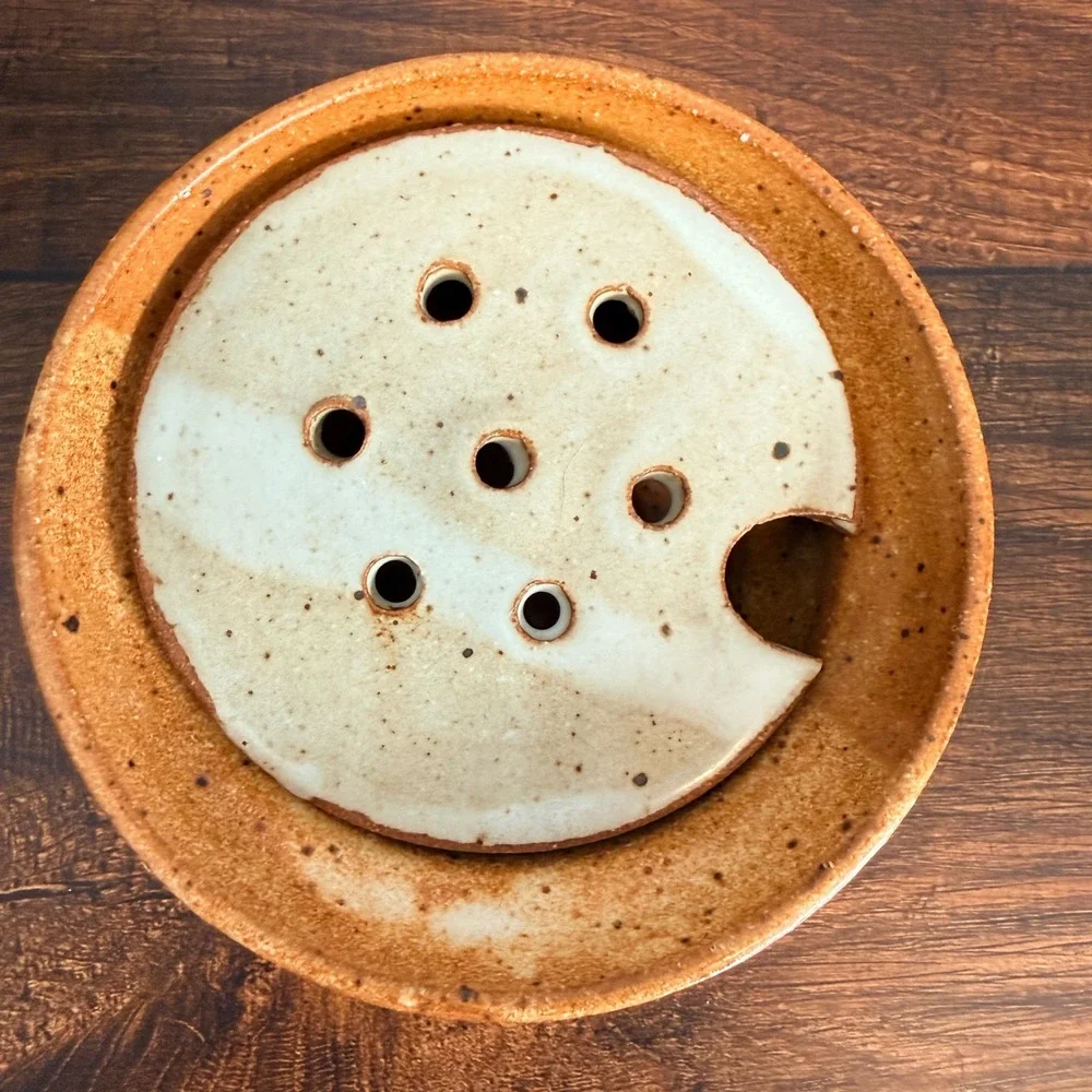 Studio Pottery Stoneware Soap Dish Removable Draining Insert Speckled Glaze